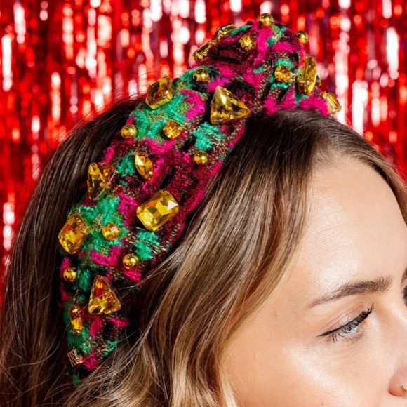 Brianna Cannon Tweed Headband Green Multi colored Crystals & Beads New - Picture 3 of 16